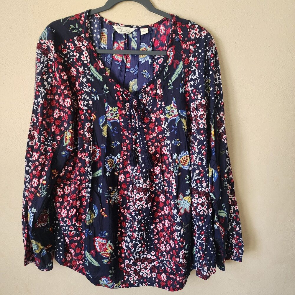 Caffe Marrakesh Boho Peasant Blouse 2X Multicolor Floral Long Sleeve Tassels